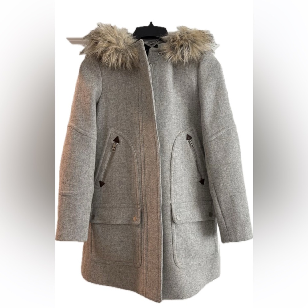 J. Crew Stadium Gray Wool-Blend Hooded Coat with Faux Fur Trim